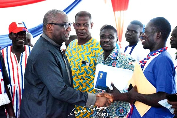 Mr Boakye Agyarko (left), a former Energy Minister, with party executives of the Lower Manya Constituency, former executives and other key stakeholders in the constituency