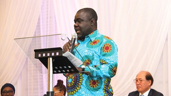 Invited guests and participants at the opening ceremony. Inset: Mr Kweku Ofori Asiamah, Minister of Transport, delivering the keynote address Picture: BENEDICT OBUOBI