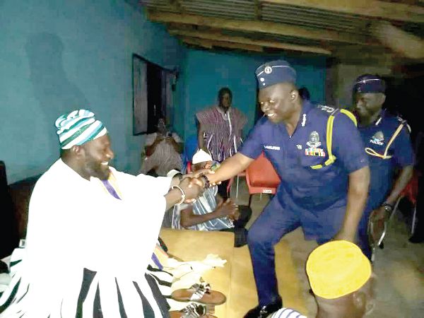 Mr David Asante-Apeatu, being welcomed by Naa Alhaji Abuba Nasingmong, Chief of Bunkpurugu