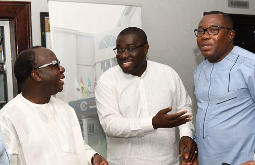Mr Sammy Awuku (middle) National Organiser of the NPP interacting with Mr Freddie Blay (left) Chairman of the NPP and Mr Samuel Ofosu Ampofo, National Chairman of the NDC during the Peace Council mediation meeting towards disbanding of party vigilantism  Picture: EBOW HANSON