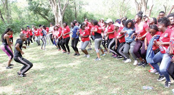 The members of the group engaged in aerobics