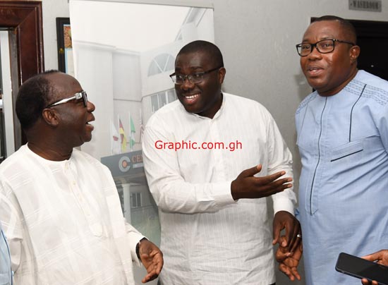 Mr Sammy Awuku (middle) National Organiser of the NPP interacting with Mr Freddie Blay (left) Chairman of the NPP and Mr Samuel Ofosu Ampofo, National Chairman of the NDC during the Peace Council mediation meeting towards disbanding of party vigilantism  Picture: EBOW HANSON