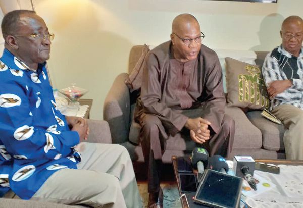  Dr Mohammed Ibn Chambas (right) briefing journalists while Dr Akoto (left) looks on