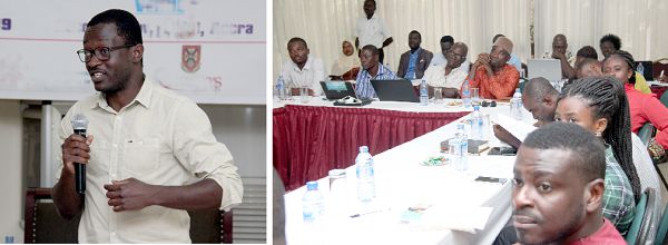 Dr Elijah Bisung (inset) answering questions at the meeting. MAIN PICTURE: The participants. Picture: BENEDICT OBUOBI