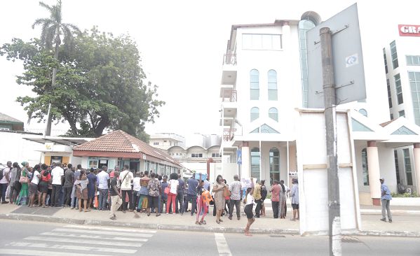 Staff members of the GCGL gathered at the assembling point during the simulation exercise. Picture: EMMANUEL ASAMOAH ADDAI  