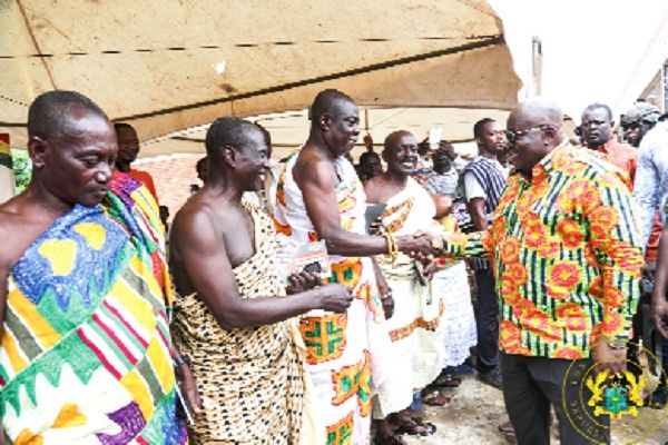 The President, Nana Addo Dankwa Akufo-Addo, interacting with chiefs at the site of the bricks and tiles factory at Tanoso