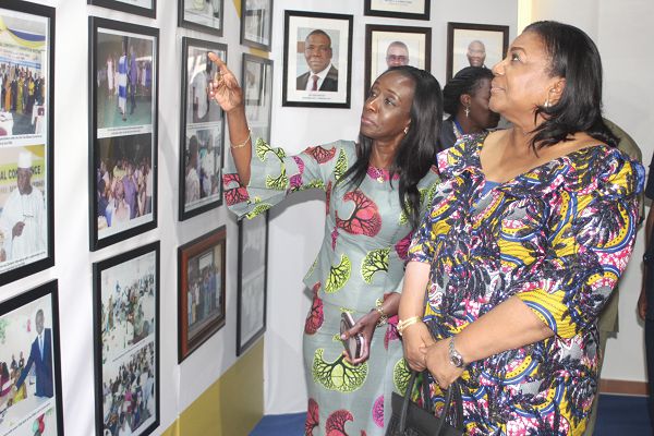 Mrs Delese Darko (left), the Chief Executive Officer of the Food and Drugs Authority, explaining a point to the First Lady, Mrs Rebecca Akufo-Addo, during an exhibition at the launch of the Food and Drugs Authority’s new logo in Accra. Picture: GABRIEL AHIABOR