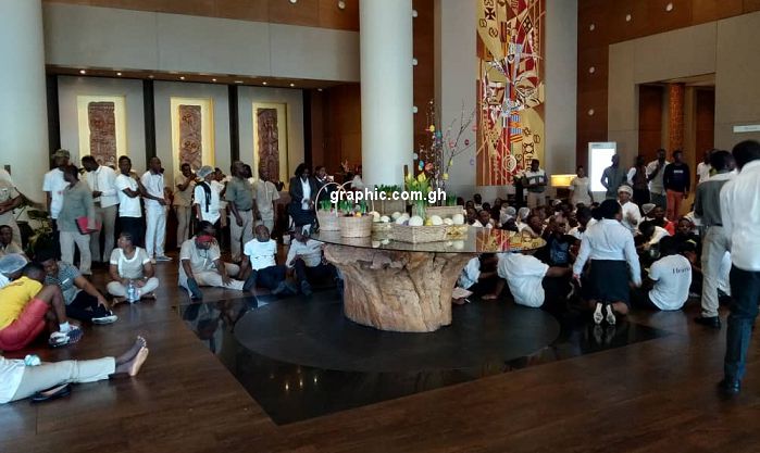 The staff pitched camp at the reception of the hotel