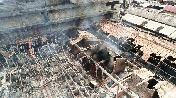 Aerial view of some the burnt stalls at Asafo Market