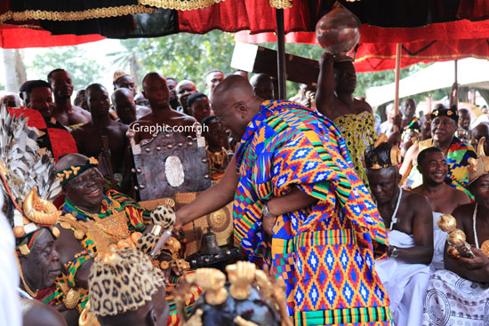 The Asantehene, Otumfuo Osei Tutu II, welcoming President Nana Addo Dankwa Akufo-Addo to the durbar at Dwabrem in Kumasi to mark his 20th anniversary celebration