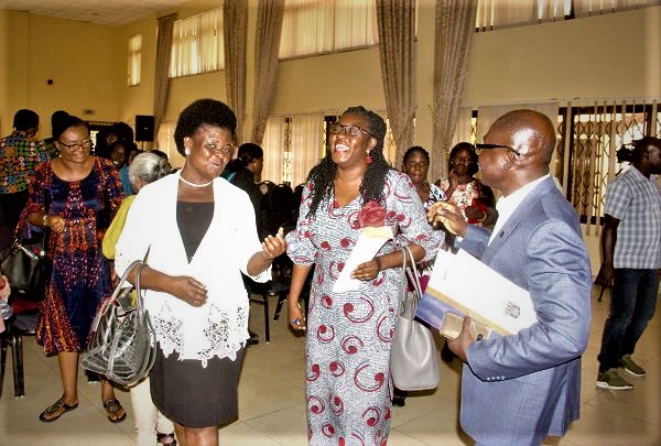 Prof. Felix Asante (right) interacting with Ms Malonin Asibi (left) and Ms Enyonam Azumah (middle), Deputy Team Leader, Department for International Development (DFID), after the opening ceremony. Picture: Maxwell Ocloo