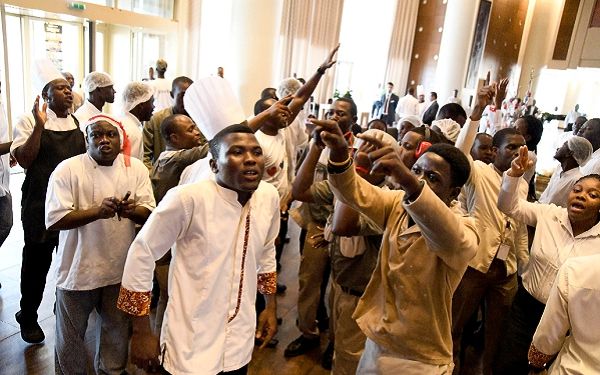 Some workers of the Movenpick Ambassador Hotel demonstrating at the hotel Picture: EBOW HANSON