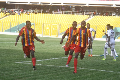 Hearts’ Robert Sowah Addo (right) celebrating  his goal that helped the Phobians to clinch victory with teammates. Picture: EBOW HANSON