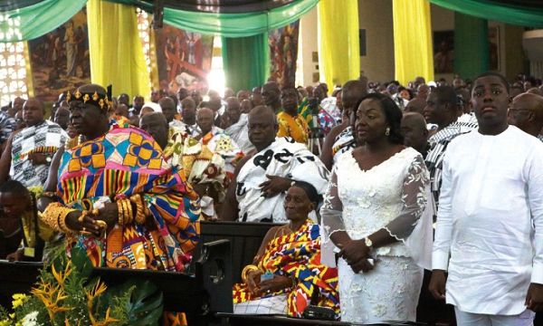 Asantehene, Otumfuo Osei Tutu II, at the St Cyprians Anglican Church in Kumasi, during the thanksgiving service. With him are his wife, Lady Julia, son, Nana Kwame Kyeretwie and the Asantehemaa, Nana Konadu Yiadom III (seated). Picture: EMMANUEL BAAH