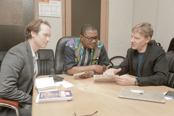 Mr Bjorn Lomborg (right), President, Copenhagen Consensus Centre, explaining a point to Mr Kobby Asmah (middle), Political Editor, Daily Graphic during the interview. With them is Mr Roland Mathiasson, Executive Vice President of the Centre