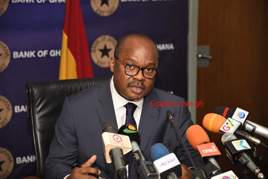 Dr Ernest Addison, Governor of the Bank of Ghana, speaking at the news conference. Picture: EBOW HANSON