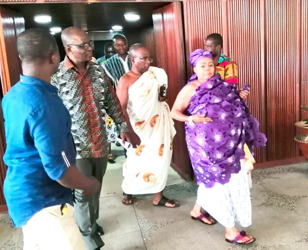 Nana Yaa Asantewaa II (right), the Ejisuhemaa, Mr Yaw Boadu-Ayeboafoh (in cloth) and Prof. Kofi Akuoko from the Centre for Cultural and African Studies of KNUST (2nd left) after the lecture