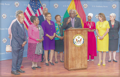 Mr James Clyburn (4th right) with Ms Nancy Pelosi (2nd right), Speaker, US House of Representatives, and other members of the Black Caucus addressing the media. With them is Ms Stephanie S. Sullivan (extreme right), the US Ambassador to Ghana