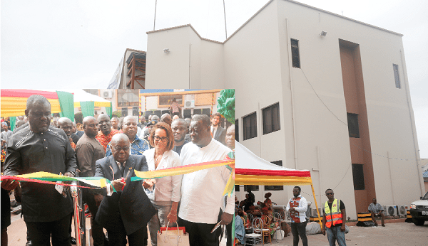 Front view of the Accra traffic management centre. INSET: President Akufo-Addo cutting the tape to inagurate the centre. Looking on include Mr Kwesi Amoako-Attah (right), the Minister of Roads and Highways, and Ms Anne Sophie Ave (middle), the French Ambassador to Ghana.