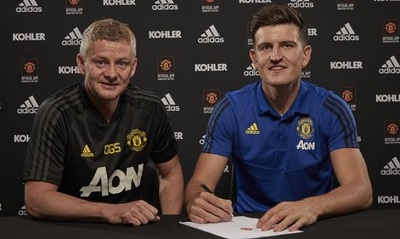 Harry Maguire (right) scored five goals in 76 appearances for Leicester