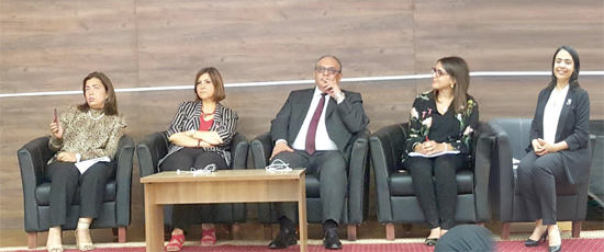 Miss Azza Abdelhai Sayed (right), Miss Dina El-Serafy (2nd right), Ambassador Ahmed Shaheen (middle), Secretary General of the Egyptian Agency of Partnership for Development, Prof. Dr Suzan El Kalliny (2nd left), Dean of the Faculty of Arts at the Ain Shams University, Cairo, Egypt and Ms Amal Tawfik (left), Manager of the Complaints Office at the NCW.
