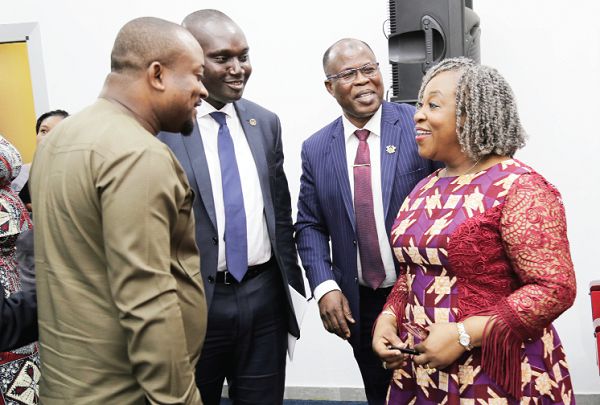  Ms Shirley Ayorkor Botchwey (right), interacting with her deputies, Mr Charles Owiredu (2nd left) and Mr Mohammed Habib Tijani (2nd right), and Mr Pius Enam Hadzide (left), Deputy Minister of Information, after the Meet-the-Press. Picture: EMMANUEL ASAMOAH ADDAI