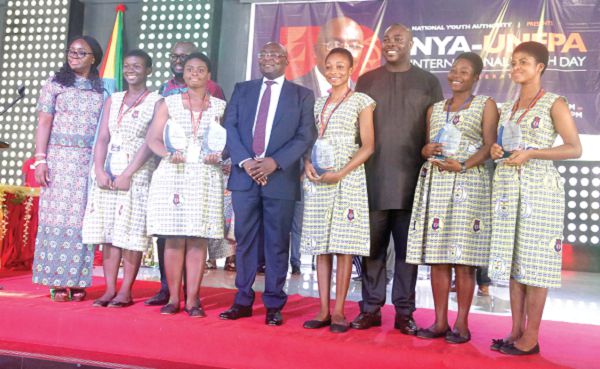 Vice-President Mahamudu Bawumia (4th left) with winners of the Robotic competition. With them are Mr Isaac Asiamah (3rd right) and Ms Gifty Twum Ampofo (left), a Deputy Minister of Education. Picture: SAMUEL TEI ADANO
