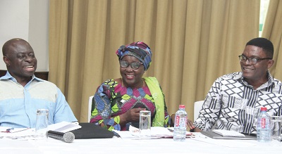 Hajia Alima Mahama (middle) having a conversation with Professor Emmanuel Gyimah-Boadi, Founder of Centre for Democratic Development (CDD), and Dr Emmanuel Akwetey (right), Executive Director, IDEG, after the launch of the Referendum & Election of Metropolitan, Municipal and District Chief Executives (MMDCEs) held in Accra. Picture: BENEDICT OBUOBI
