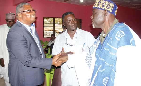 Mr Richard Quayson (left) holding discussions with Chief Morrow Baba Issah (right), and Alhaji Muhammad Kpakpo Addo, retired Senior Principal Research Officer, CHRAJ, after the opening ceremony of the sensitisation forum.  Picture: Maxwell Ocloo
