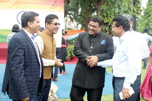Mr Birender Singh Yadav (2nd right) interacting with Mr Rajesh Thakker (2nd left), President of the Indian Association of Ghana, Mr Akoliya Patel (right), a businessman, and Mr Munesh Thankwani (left), Chief Executive Officer, B5 Plus, at the 73rd independence celebration of India in Accra. Picture: GABRIEL AHIABOR