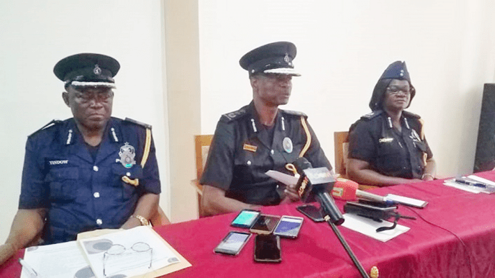 ACP Thomas Tindow (left), COP Paul Awuni (middle), Central Regional Police Commander, and ACP Habiba Twumasi Sarpong (right), Deputy Central Regional Commander