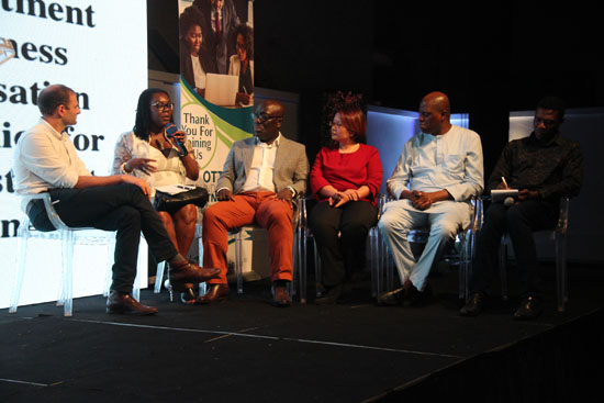 Mrs Ursula Owusu Ekuful (2nd left), Mr Isaac Osei-Bonsu Jnr (3rd left), the Chairman of OTTN Foundation, Ms Patsian Low (3rd right), the Chief of Staff and Policy Director of Asian Venture Philanthropy Network (AVPN), Mr Andrew Kaiser-Tedesco (left), Director of Inclusive Business Action Network (iBAN), and other two representatives from philanthropy networks having a panel discussion on entrepreneurship  during the evening conversation on building a robust policy for increased social investment in Accra, last Saturday. Pictures by: BENEDICT OBUOBI