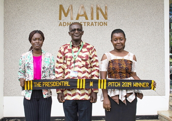 Professor Kwasi Obiri-Danso, Vice Chancellor, KNUST with the winners Miss Matilda Asantewaa Sampong (left) and Miss Emily Otoo-Quayson