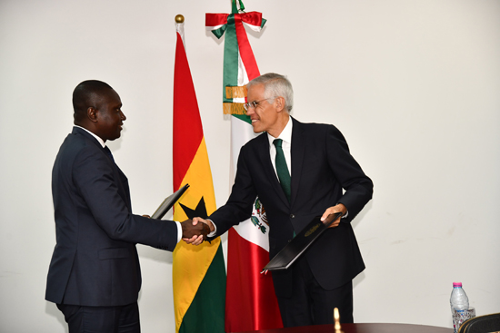 Mr Charles Owiredu, Deputy Minister of Foreign Affairs of Ghana exchanging notes with Mr Julian Ventura, Deputy Minister of Foreign Affairs of Mexico after the signing of the agreement between the two countries. Pictures by: EBOW HANSON