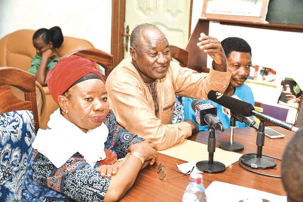 Mr Abdul- Raman Mohammed (middle), President of the Peasant Farmers Association addressing the media. Those with him are Dr Nana Ameyaw (right), Vice-President and Ms Victoria Adongo (left), Executive Director of the association