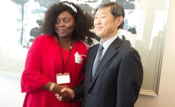 Mr Kitaoka in a handshake with Doreen Andoh, a journalist with the Daily Graphic, after the interview