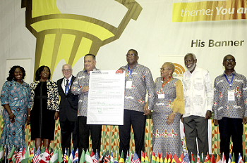  Mr Mario Garcia (4th left), and Mr George Prah (4th right), the International and National presidents respectively of the Full Gospel Business Men’s Fellowship International, supported by Mrs Justice Georgina Theodora Wood (2nd left), Professor Stephen Adei (2nd right), Ms Joyce Aryee (3rd right), Founder of Salt and Light Ministry, Mrs Justice Gertrude Torkonoo (left) and other officials to launch the campaign. Picture: GABRIEL AHIABOR 