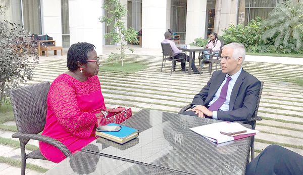 Mr Julian Ventura (right) in an interview with Ms Kate Baaba Hudson, Foreign Editor of the Daily Graphic