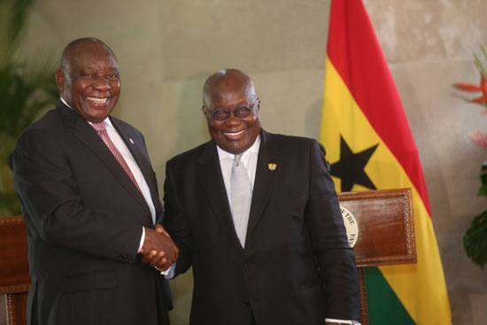 President Nana Addo Dankwa Akufo-Addo in a handshake with Mr Cyril Ramaphosa, South African President at the Jubilee House. PICTURES BY SAMUEL TEI ADANO