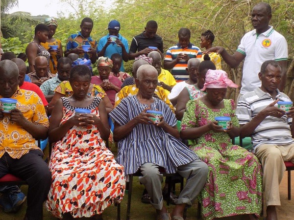 Some patients undergoing treatment at the Odopee Herbal Research and Learning Centre at Mankessim. Observing the process is Mr John Kofi Sackey, the herbalist (in white ‘T’ shirt) 