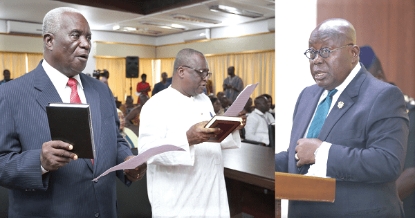President Akufo-Addo (right) swearing in the new members of the Council of State at the Jubilee House. 