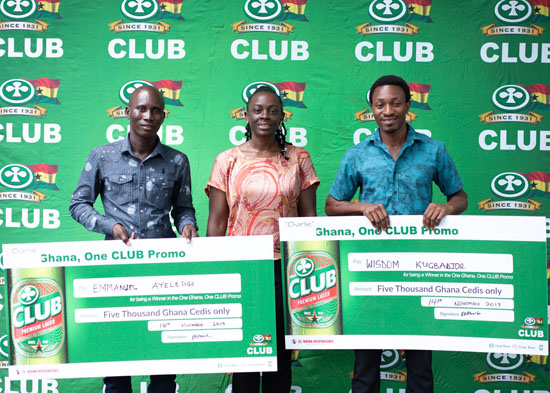 Ewurafua Addo-Atuah, Marketing Head of Accra Brewery Limited (Middle) with the winners: Emmanuel Ayeletige (left) and Wisdom Kugbadjor (right) 