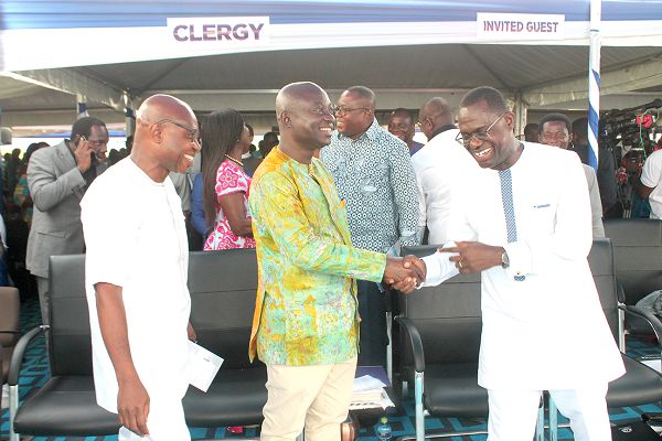 Mr Joseph Siaw Agyepong (right) in an interaction with Mr Samuel Atta Akyea (2nd left), the Minister of Works and Housing, and Mr Michael Dzato (left), Deputy Minister of Sanitation and Water Resources. Picture: Maxwell Ocloo