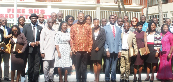 Dr. Matthew Opoku Prempeh (7th right), Minister of Education in a group photograph with some of the award winners and the Ghana Teacher Prize sponsors after the meeting.