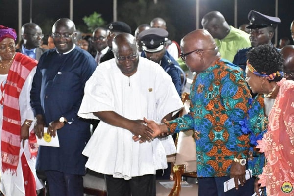 President Akufo-Addo being welcomed by Prof. Aaron Mike Oquaye. Looking on are Vice-President Mahamudu Bawumia (2nd left), Justice Sophia Akuffo (left), the Chief Justice, and Mrs Alberta Oquaye, wife of the Speaker 