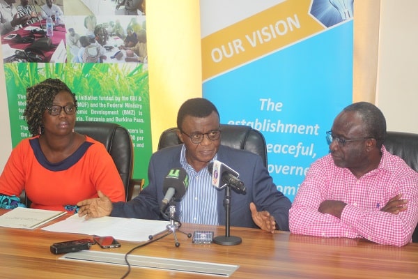 Professor Baffour Agyeman-Duah (middle), addressing the media in Accra. Those with him are Nana Adjei Ayeh (right) and Nana Ama Oppong-Duah (right). Picture: GABRIEL AHIABOR