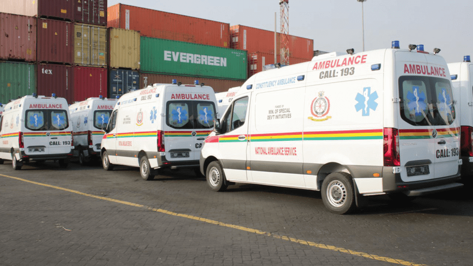 Some of the ambulances parked at Berth Six at the Tema Port ready to be transferred to the Safebond Car Terminal for clearance. Picture: DELLA RUSSEL OCLOO