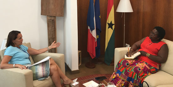 Miss Kate Baaba Hudson (right), Foreign Editor of the Daily Graphic, interviewing Mrs Anne Sophie Ave, the French Ambassador to Ghana