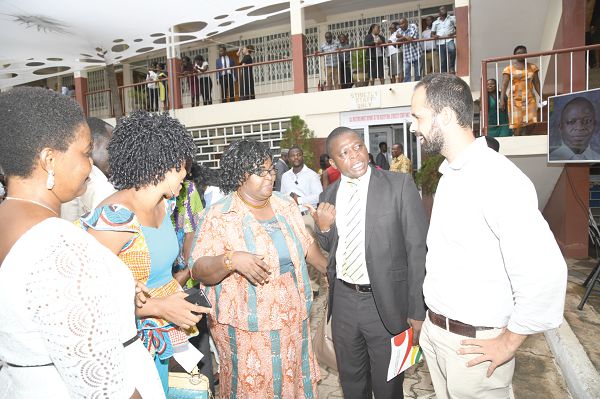  Mr Robert Gbari Gariba (2nd right) interacting with Mr Jesus Miguel Falcon Perez (right) Project Manager of the Varkey Foundation and other guests at a reception held in his honour in Accra.