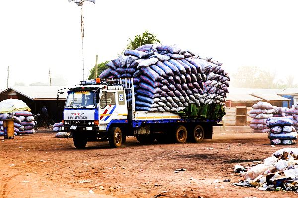 A truck carrying sacks of charcoal away from Maame Krobo Market